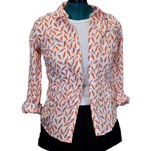 White and Orange Red Chili Pepper Button Blouse Sz Small Long Sleeve